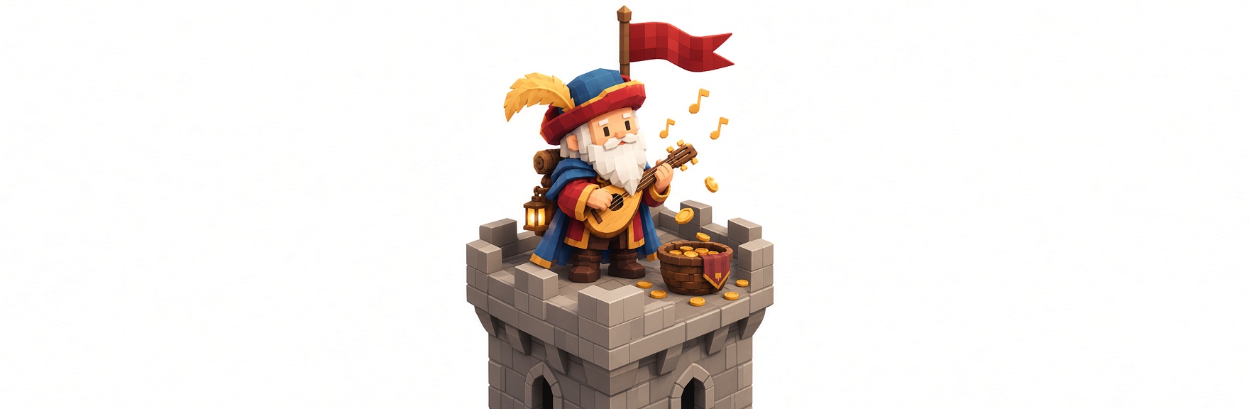 Voxel-style bard playing a lute on top of a stone castle tower beside a basket of gold coins